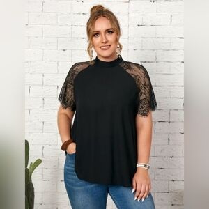 Mock Neck Lace Raglan Sleeve Top